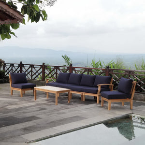 Modway Furniture Marina 7 Piece Outdoor Patio Teak Set - Modern Sectional Sofa with Weather-Resistant Cushions Natural Navy EEI-1481-NAT-NAV-SET