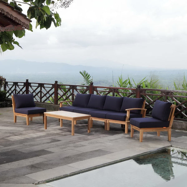 Modway Furniture Marina 7 Piece Outdoor Patio Teak Set - Modern Sectional Sofa with Weather-Resistant Cushions Natural Navy EEI-1481-NAT-NAV-SET