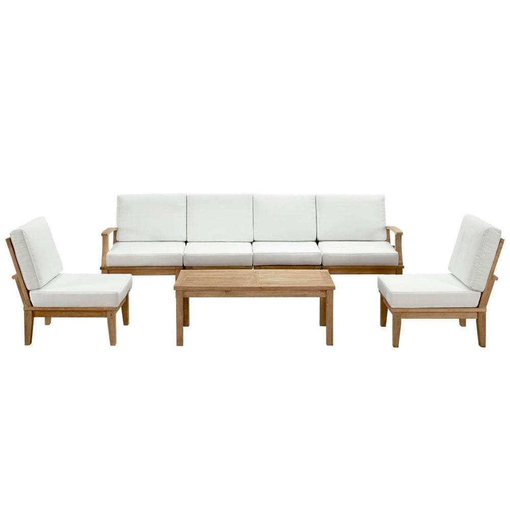 Modway Furniture Marina 7 Piece Outdoor Patio Teak Set - Modern Sectional Sofa with Weather-Resistant Cushions Natural White EEI-1481-NAT-WHI-SET