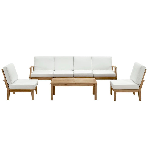 Modway Furniture Marina 7 Piece Outdoor Patio Teak Set - Modern Sectional Sofa with Weather-Resistant Cushions Natural White EEI-1481-NAT-WHI-SET