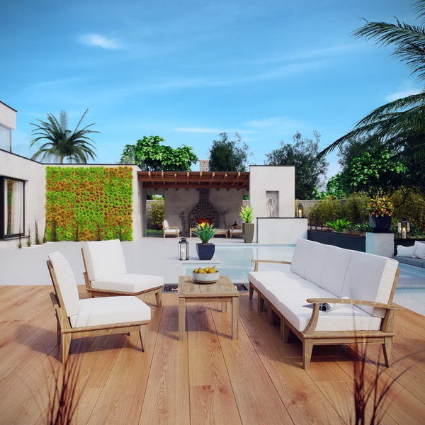 Modway Furniture Marina 7 Piece Outdoor Patio Teak Set - Modern Sectional Sofa with Weather-Resistant Cushions Natural White EEI-1481-NAT-WHI-SET