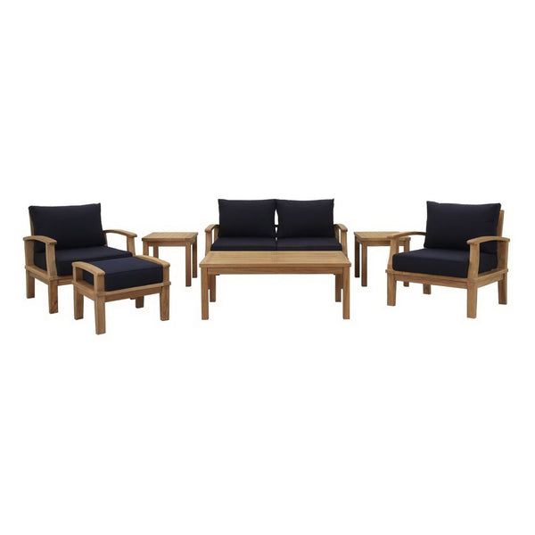 Modway Furniture Marina 7 Piece Outdoor Patio Teak Set by Modway - Weather-Resistant Comfort for Stylish Gatherings Natural Navy EEI-1486-NAT-NAV-SET