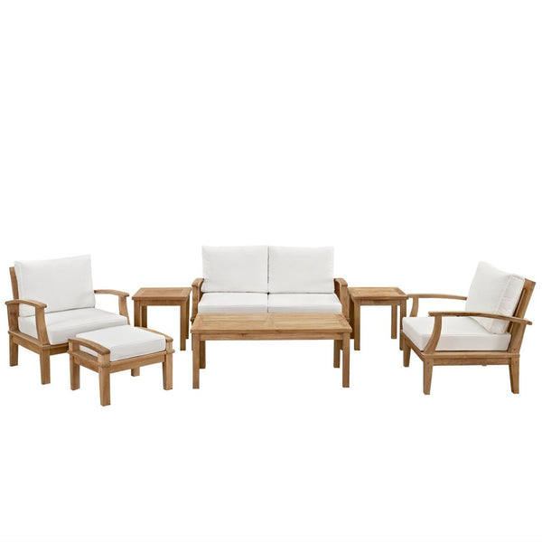 Modway Furniture Marina 7 Piece Outdoor Patio Teak Set by Modway - Weather-Resistant Comfort for Stylish Gatherings Natural White EEI-1486-NAT-WHI-SET