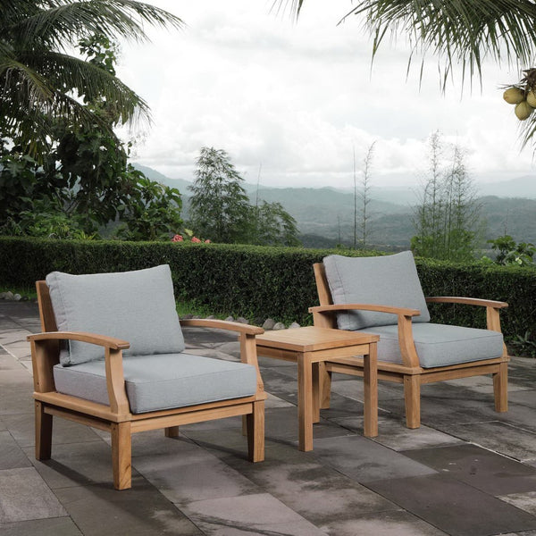 Modway Furniture Marina 3 Piece Outdoor Teak Patio Set with Modern Design and Plush Cushions for Ultimate Comfort Natural Gray EEI-1487-NAT-GRY-SET
