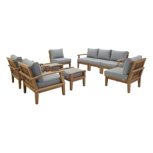 Modway Furniture Marina 9 Piece Modular Outdoor Patio Teak Set with All-Weather Cushions for Year-Round Comfort Natural Gray EEI-1488-NAT-GRY-SET