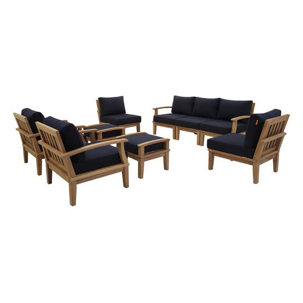 Modway Furniture Marina 9 Piece Modular Outdoor Patio Teak Set with All-Weather Cushions for Year-Round Comfort Natural Navy EEI-1488-NAT-NAV-SET
