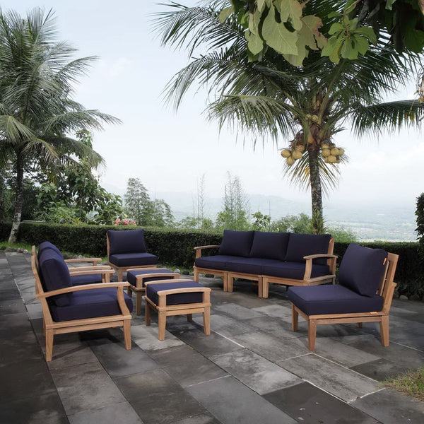 Modway Furniture Marina 9 Piece Modular Outdoor Patio Teak Set with All-Weather Cushions for Year-Round Comfort Natural Navy EEI-1488-NAT-NAV-SET