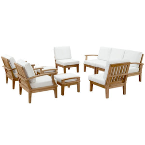 Modway Furniture Marina 9 Piece Modular Outdoor Patio Teak Set with All-Weather Cushions for Year-Round Comfort Natural White EEI-1488-NAT-WHI-SET