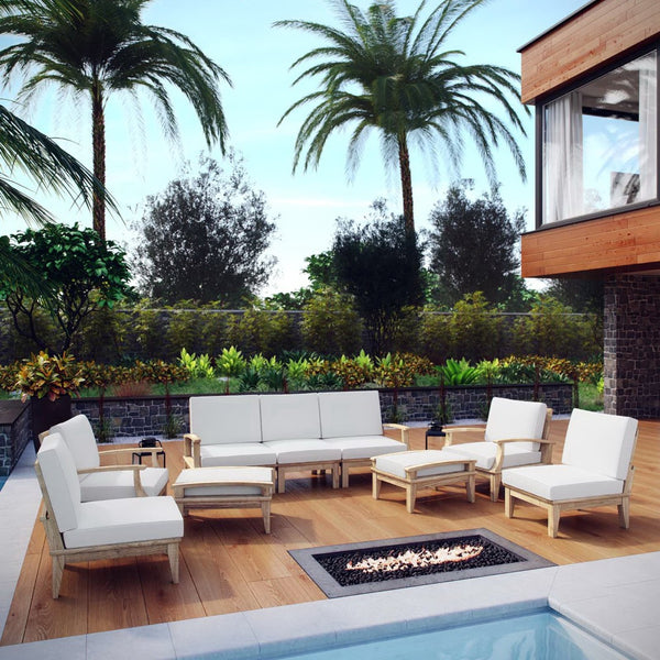 Modway Furniture Marina 9 Piece Modular Outdoor Patio Teak Set with All-Weather Cushions for Year-Round Comfort Natural White EEI-1488-NAT-WHI-SET