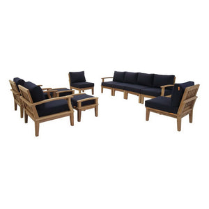 Modway Furniture Marina 10 Piece Outdoor Patio Teak Set – Stylish, Durable Seating for Coastal Elegance & Gatherings Natural Navy EEI-1489-NAT-NAV-SET