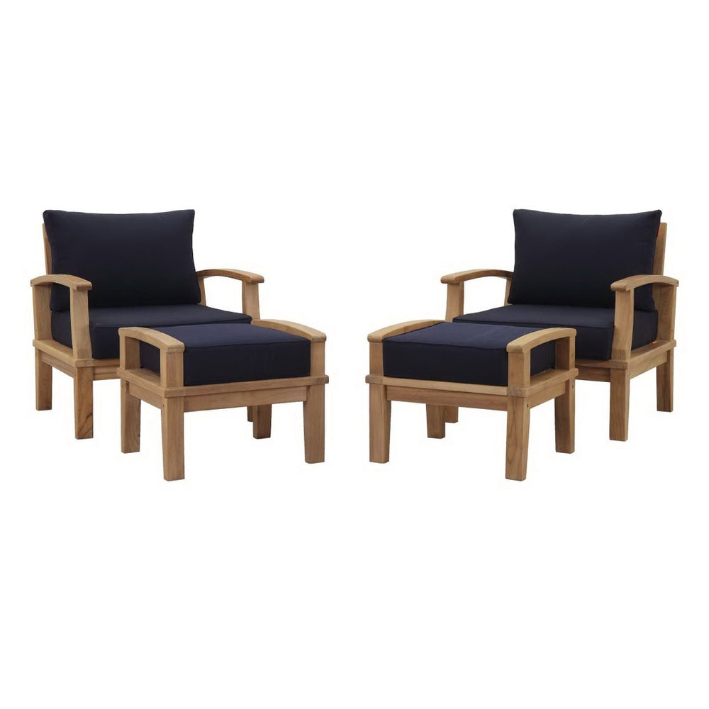 Modway Furniture Marina 4-Piece Teak Outdoor Patio Set with Weather-Resistant Cushions for Stylish Comfort Natural Navy EEI-1537-NAT-NAV-SET
