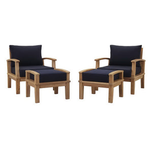 Modway Furniture Marina 4-Piece Teak Outdoor Patio Set with Weather-Resistant Cushions for Stylish Comfort Natural Navy EEI-1537-NAT-NAV-SET