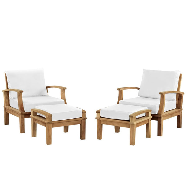 Modway Furniture Marina 4-Piece Teak Outdoor Patio Set with Weather-Resistant Cushions for Stylish Comfort Natural White EEI-1537-NAT-WHI-SET
