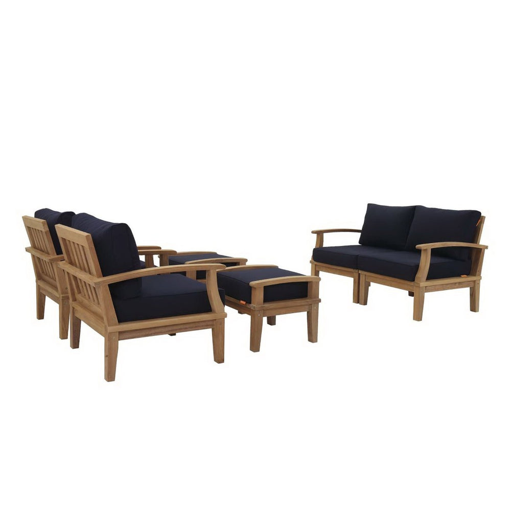 Modway Furniture Marina 6 Piece Outdoor Patio Teak Set by Modway - Stylish Comfort and Durable Craftsmanship for All Seasons Natural Navy EEI-1597-NAT-NAV-SET