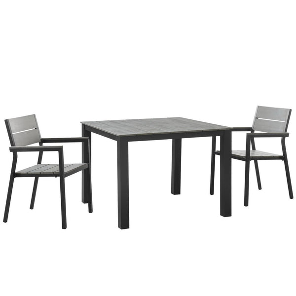 Modway Furniture Maine 3 Piece Outdoor Patio Dining Set - Weather-Resistant Aluminum & Stylish Wood Finish Design EEI-1743-BRN-GRY-SET