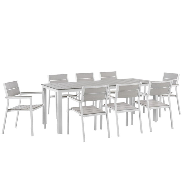 Modway Furniture Maine 9 Piece Outdoor Patio Dining Set - Coastal Charm with Durable Aluminum Frame and Comfort White Light Gray EEI-1753-WHI-LGR-SET