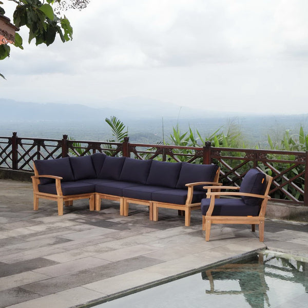 Modway Furniture Marina 6-Piece Outdoor Teak Patio Set by Modway - Weather-Resistant Comfort for Stylish Living Natural Navy EEI-1816-NAT-NAV-SET