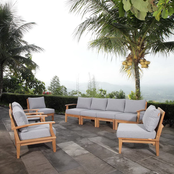 Modway Furniture Marina 8 Piece Outdoor Teak Patio Set – Modern Sectional with All-Weather Cushions for Comfort Natural Gray EEI-1817-NAT-GRY-SET