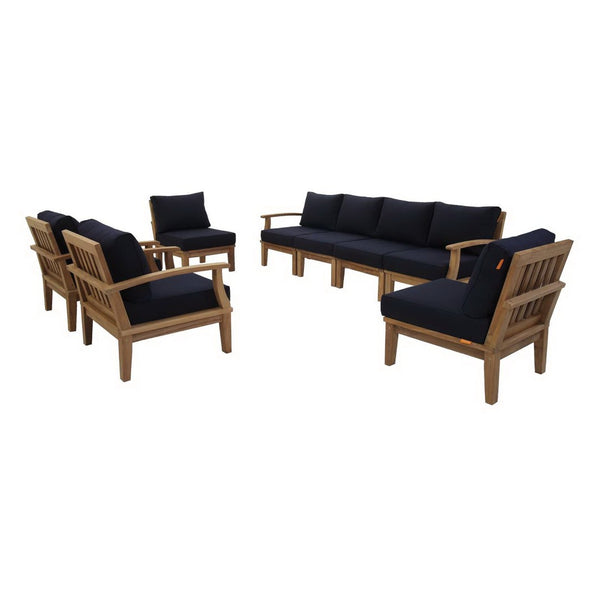 Modway Furniture Marina 8 Piece Outdoor Teak Patio Set – Modern Sectional with All-Weather Cushions for Comfort Natural Navy EEI-1817-NAT-NAV-SET