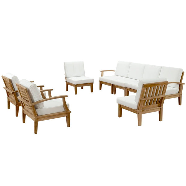 Modway Furniture Marina 8 Piece Outdoor Teak Patio Set – Modern Sectional with All-Weather Cushions for Comfort Natural White EEI-1817-NAT-WHI-SET