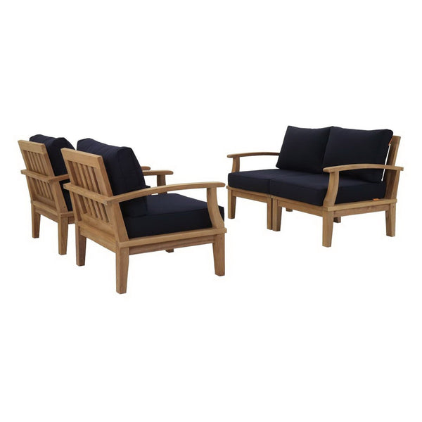 Modway Furniture Marina 4-Piece Modular Outdoor Teak Patio Set with All-Weather Cushions for Stylish Relaxation Natural Navy EEI-1818-NAT-NAV-SET