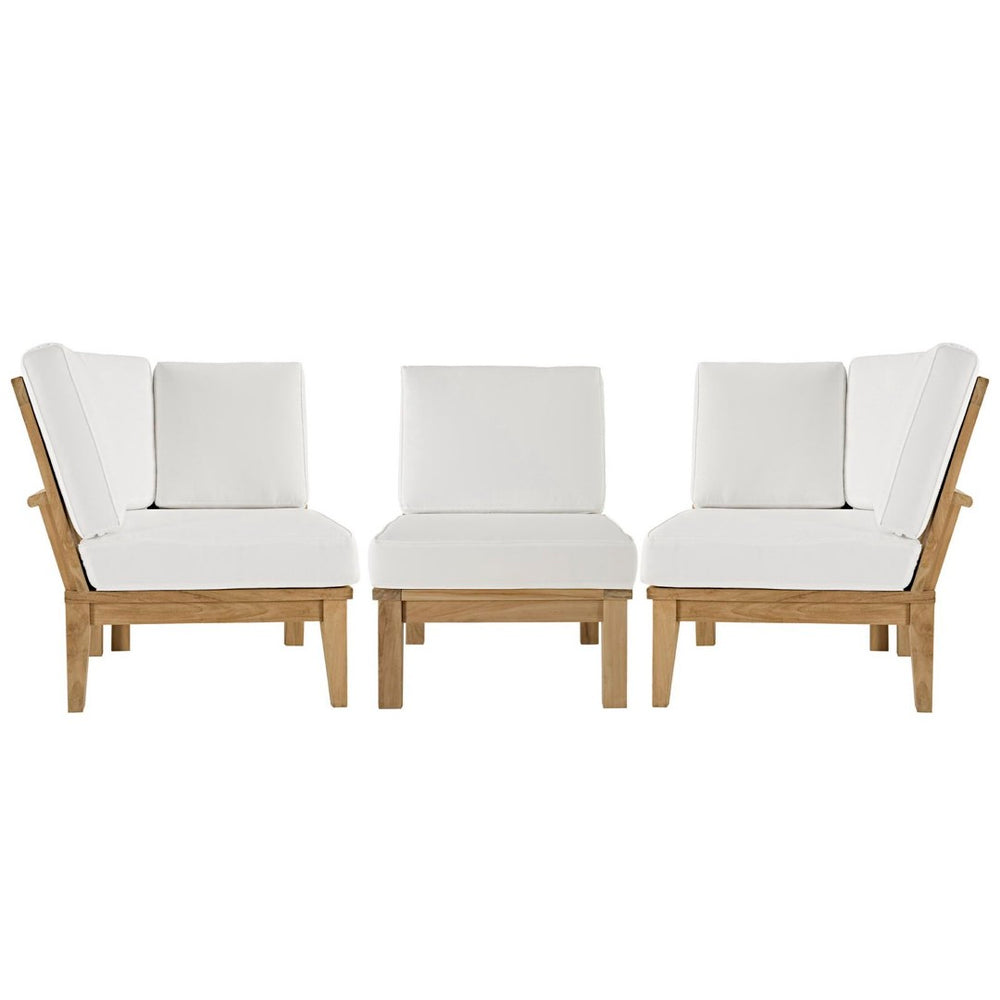 Modway Furniture Marina 3 Piece Teak Outdoor Patio Set – Modern Elegance with All-Weather Cushions for Comfort Natural White EEI-1820-NAT-WHI-SET