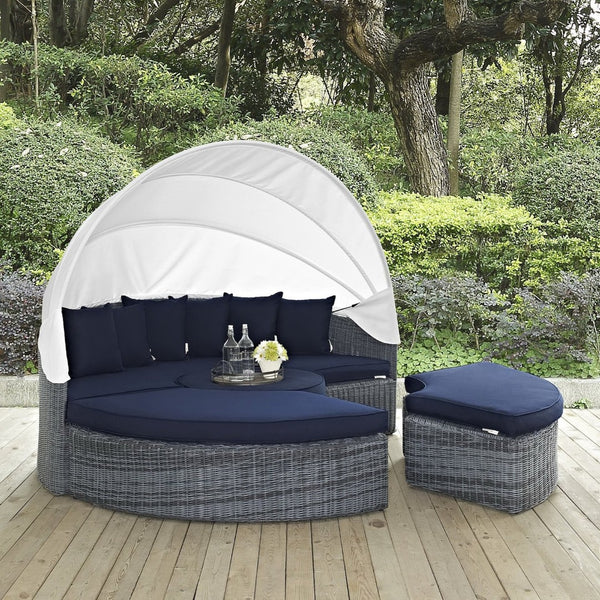 Modway Furniture Summon Canopy Outdoor Daybed with Adjustable Retractable Canopy, Plush Sunbrella® Cushions & Rattan EEI-1997-GRY-NAV-SET