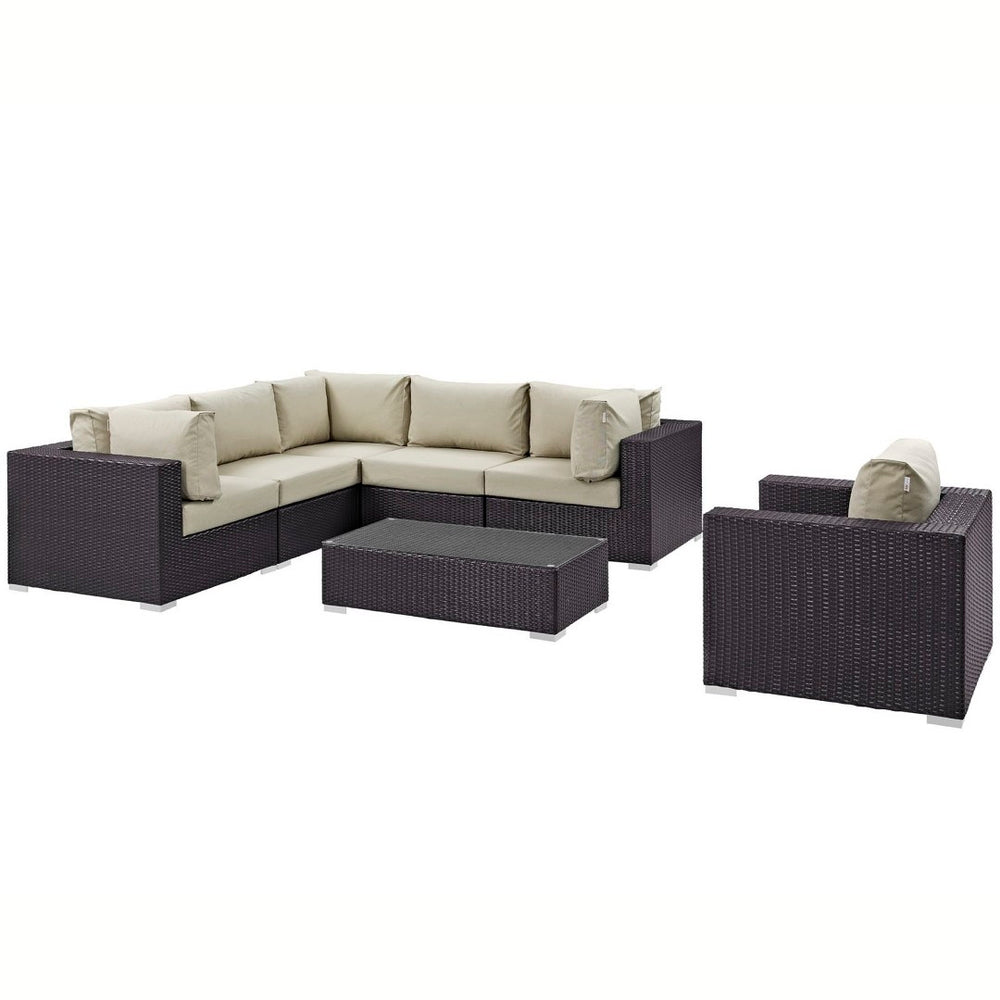 Modway Furniture Convene 7 Piece Modular Outdoor Patio Sectional Set - Durable, Stylish, and Perfect for Entertaining Espresso Beige EEI-2157-EXP-BEI-SET