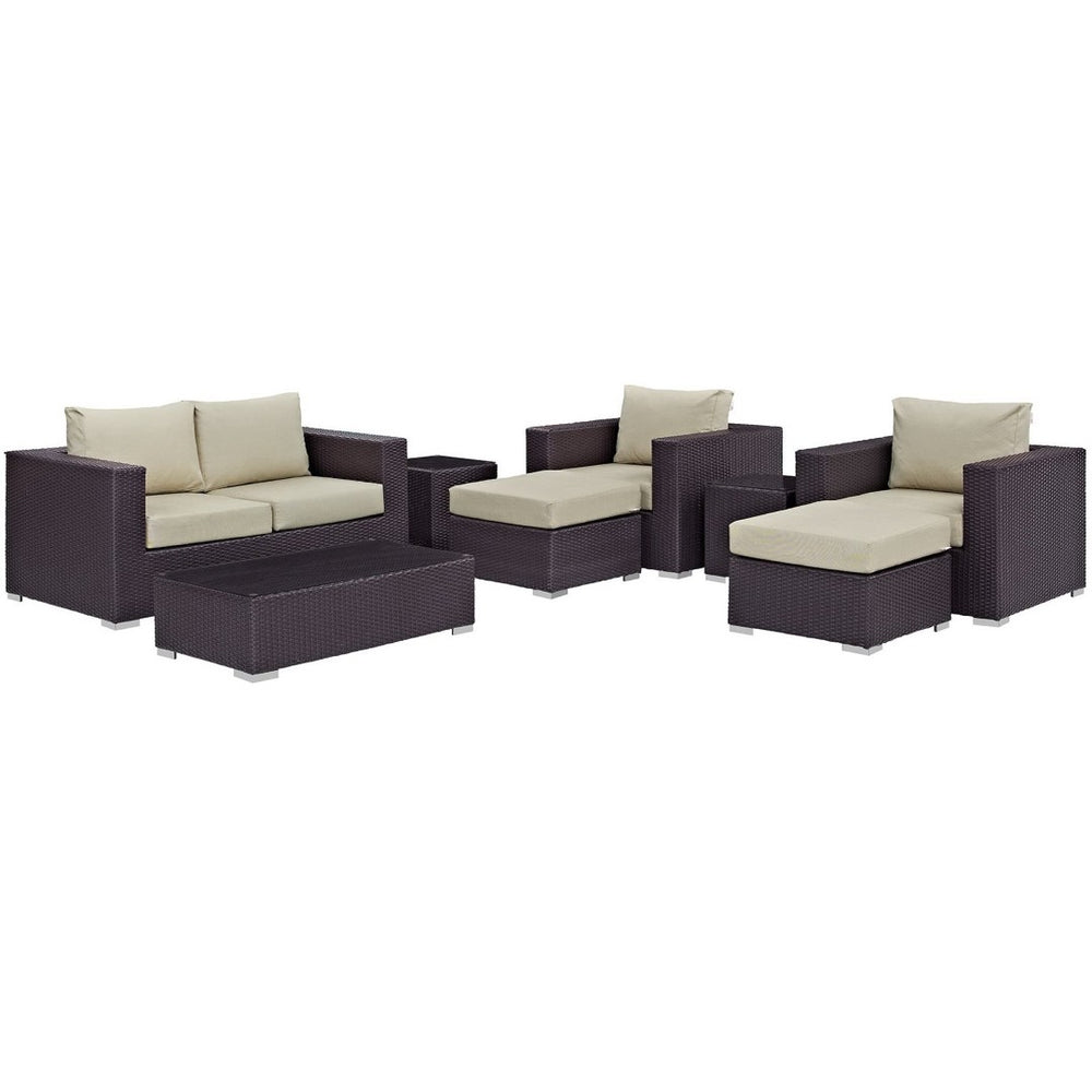 Modway Furniture Convene 8 Piece Modular Outdoor Patio Sofa Set - Weather-Resistant Rattan & Plush Cushions for Comfort Espresso Beige EEI-2159-EXP-BEI-SET