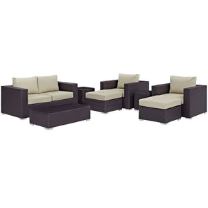 Modway Furniture Convene 8 Piece Modular Outdoor Patio Sofa Set - Weather-Resistant Rattan & Plush Cushions for Comfort Espresso Beige EEI-2159-EXP-BEI-SET