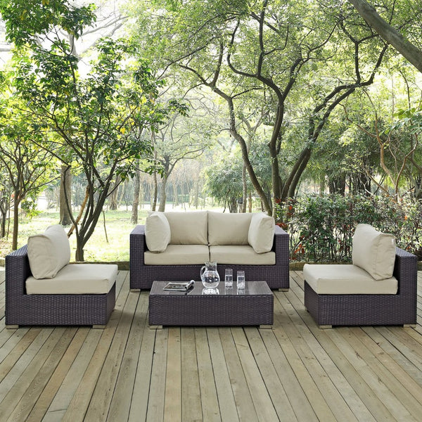 Modway Furniture Convene 5-Piece Modular Outdoor Patio Sectional Set - Stylish, Durable, All-Weather Comfort for Entertaining Espresso Beige EEI-2163-EXP-BEI-SET