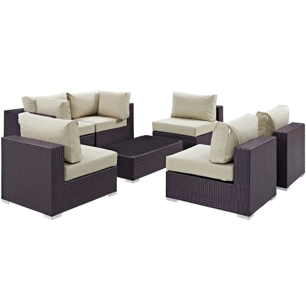 Modway Furniture Convene 7-Piece Outdoor Modular Sectional Set - Weather-Resistant Rattan, Plush Cushions & Table Espresso Beige EEI-2164-EXP-BEI-SET