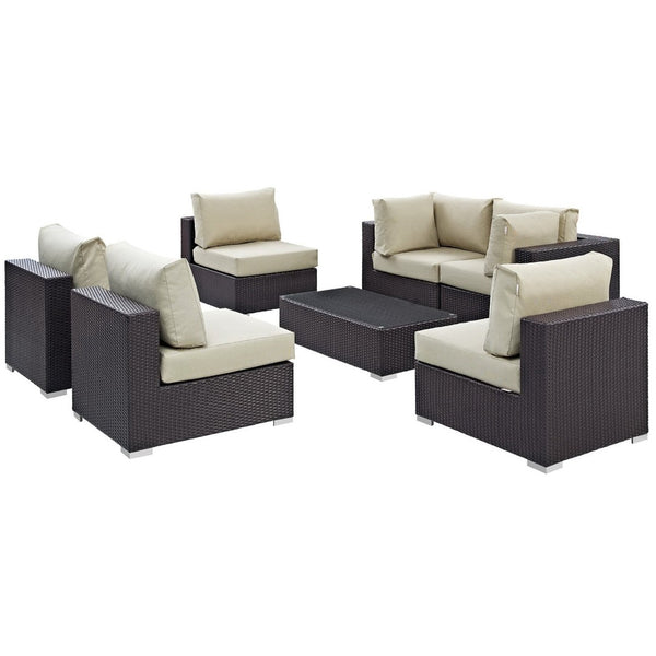 Modway Furniture Convene 7-Piece Outdoor Modular Sectional Set - Weather-Resistant Rattan, Plush Cushions & Table Espresso Beige EEI-2164-EXP-BEI-SET