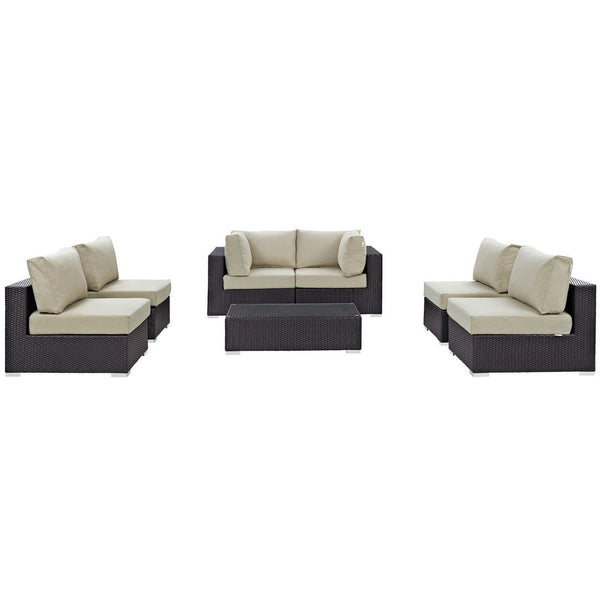 Modway Furniture Convene 7-Piece Outdoor Modular Sectional Set - Weather-Resistant Rattan, Plush Cushions & Table Espresso Beige EEI-2164-EXP-BEI-SET