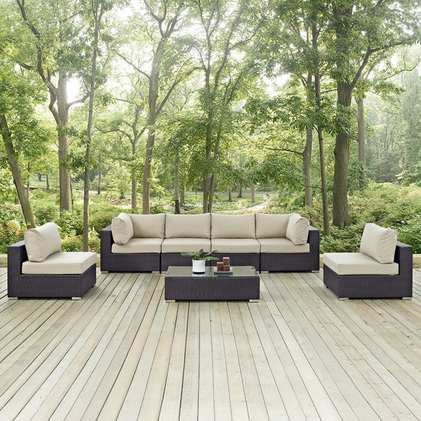 Modway Furniture Convene 7-Piece Outdoor Modular Sectional Set - Weather-Resistant Rattan, Plush Cushions & Table Espresso Beige EEI-2164-EXP-BEI-SET