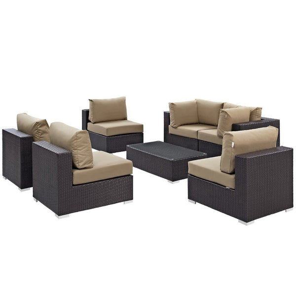 Modway Furniture Convene 7-Piece Outdoor Modular Sectional Set - Weather-Resistant Rattan, Plush Cushions & Table Espresso Mocha EEI-2164-EXP-MOC-SET