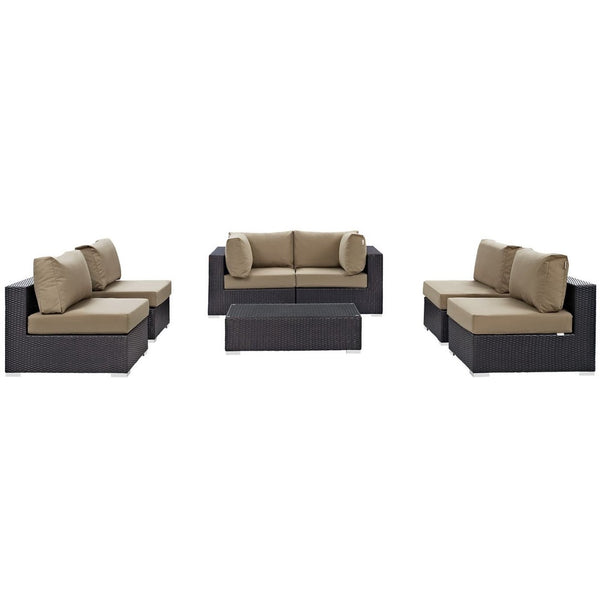 Modway Furniture Convene 7-Piece Outdoor Modular Sectional Set - Weather-Resistant Rattan, Plush Cushions & Table Espresso Mocha EEI-2164-EXP-MOC-SET
