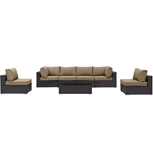 Modway Furniture Convene 7-Piece Outdoor Modular Sectional Set - Weather-Resistant Rattan, Plush Cushions & Table Espresso Mocha EEI-2164-EXP-MOC-SET