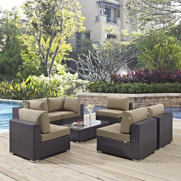Modway Furniture Convene 7-Piece Outdoor Modular Sectional Set - Weather-Resistant Rattan, Plush Cushions & Table Espresso Mocha EEI-2164-EXP-MOC-SET