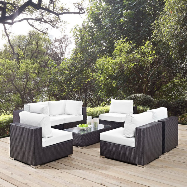 Modway Furniture Convene 7-Piece Outdoor Modular Sectional Set - Weather-Resistant Rattan, Plush Cushions & Table Espresso White EEI-2164-EXP-WHI-SET