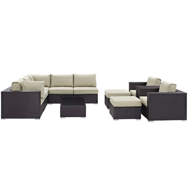 Modway Furniture Convene 10-Piece Modular Outdoor Patio Sectional Set with Plush Cushions for Stylish Gatherings Espresso Beige EEI-2169-EXP-BEI-SET