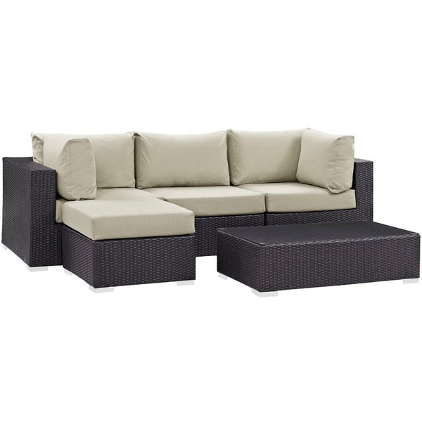 Modway Furniture Convene 5-Piece Outdoor Patio Sectional Set – Modular Comfort with All-Weather Durability & Style Espresso Beige EEI-2172-EXP-BEI-SET