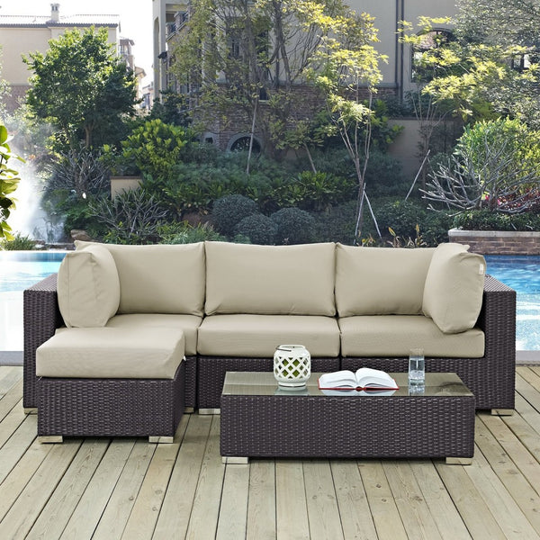 Modway Furniture Convene 5-Piece Outdoor Patio Sectional Set – Modular Comfort with All-Weather Durability & Style Espresso Beige EEI-2172-EXP-BEI-SET