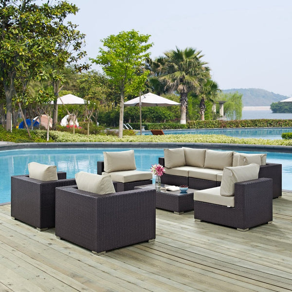 Modway Furniture Convene 8 Piece Outdoor Patio Sectional Set by Modway - Stylish, Durable, and Modular Comfort Solution Espresso Beige EEI-2203-EXP-BEI-SET