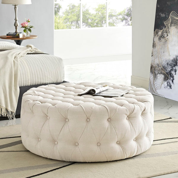 Modway Furniture Amour Round Tufted Fabric Ottoman - Versatile Accent Piece for Modern Living Spaces & Comfort Beige EEI-2225-BEI