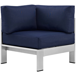Modway Furniture Shore Outdoor Patio Aluminum Corner Sofa - Modern Design with Weather-Resistant Cushions & Frame Silver Navy EEI-2264-SLV-NAV