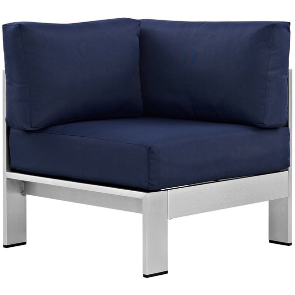 Modway Furniture Shore Outdoor Patio Aluminum Corner Sofa - Modern Design with Weather-Resistant Cushions & Frame Silver Navy EEI-2264-SLV-NAV