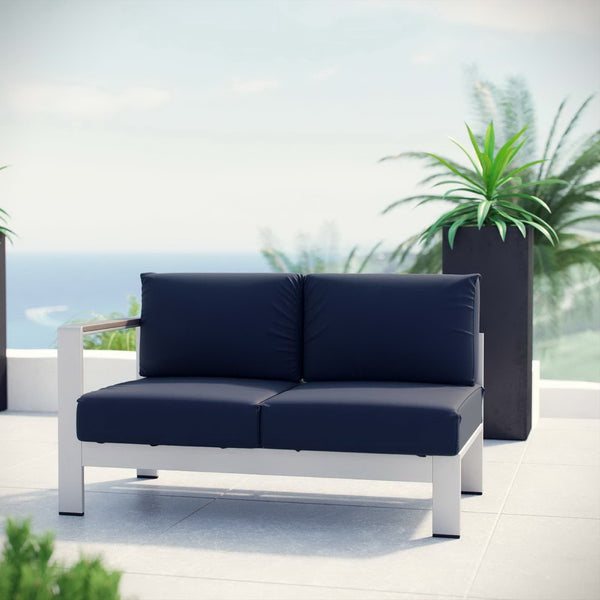Modway Furniture Shore Left-Arm Corner Sectional Loveseat - Modern Outdoor Aluminum Comfort for Your Patio Space Silver Navy EEI-2265-SLV-NAV