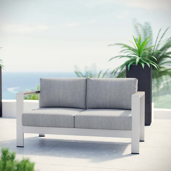 Modway Furniture Shore Outdoor Patio Loveseat - Weather-Resistant Aluminum Frame for Stylish, Comfortable Relaxation Silver Gray EEI-2267-SLV-GRY