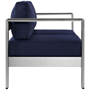 Modway Furniture Shore Outdoor Patio Loveseat - Weather-Resistant Aluminum Frame for Stylish, Comfortable Relaxation Silver Navy EEI-2267-SLV-NAV